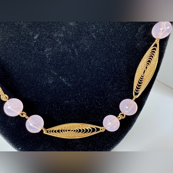 Vintage Trifari Pink Beaded & Gold-tone Trifanium Necklace - Picture 3 of 11